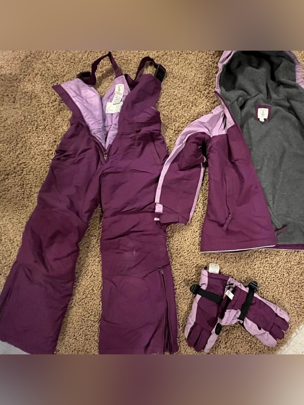 🍒Lands' End Purple and Light Purple Kids Snow Bib, Jacket and Glove Set